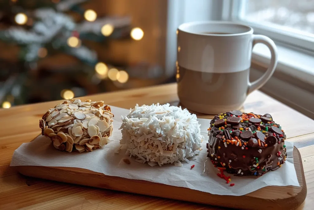 Three styles of no bake preacher cookies with coconut, cherry, and holiday spice