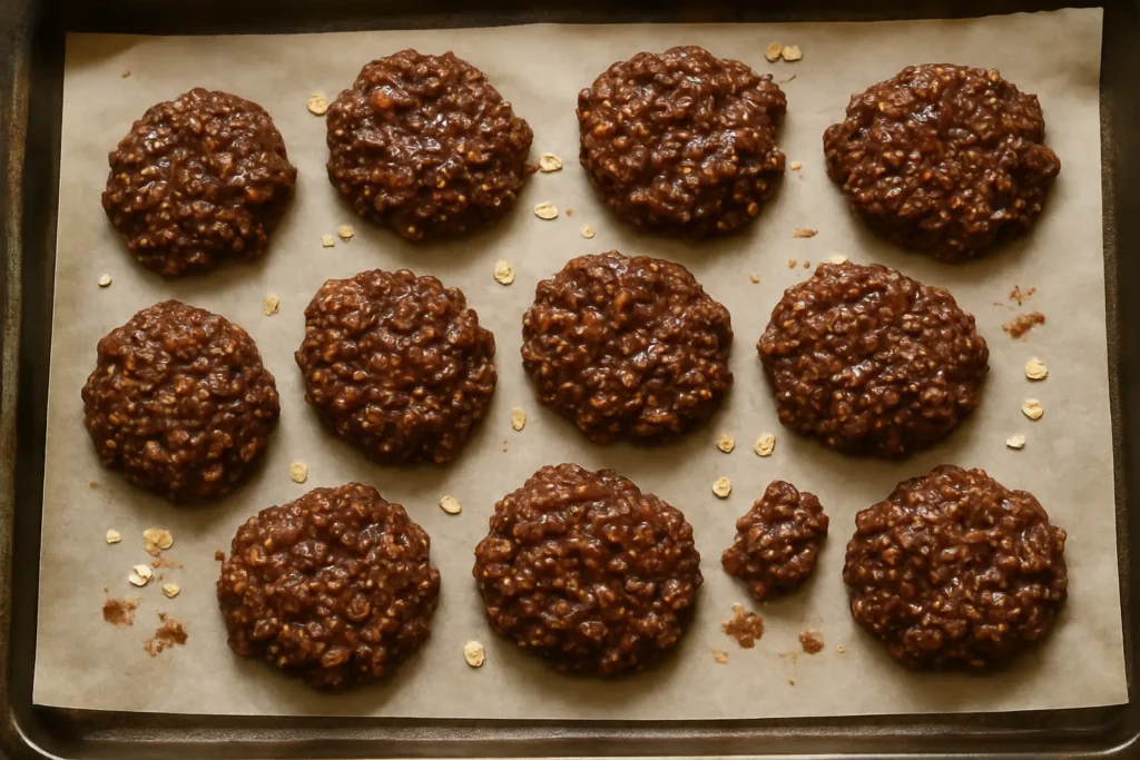 No bake preacher cookies on parchment-lined tray, cooling