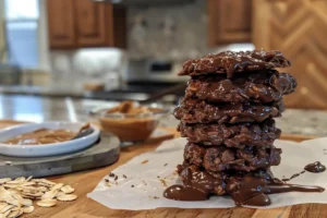 Thick no bake preacher cookies stacked on parchment paper