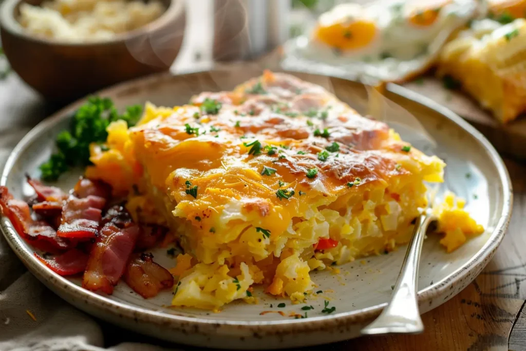 Large serving of cheesy hashbrown casserole plated with scrambled eggs and bacon on a white plate