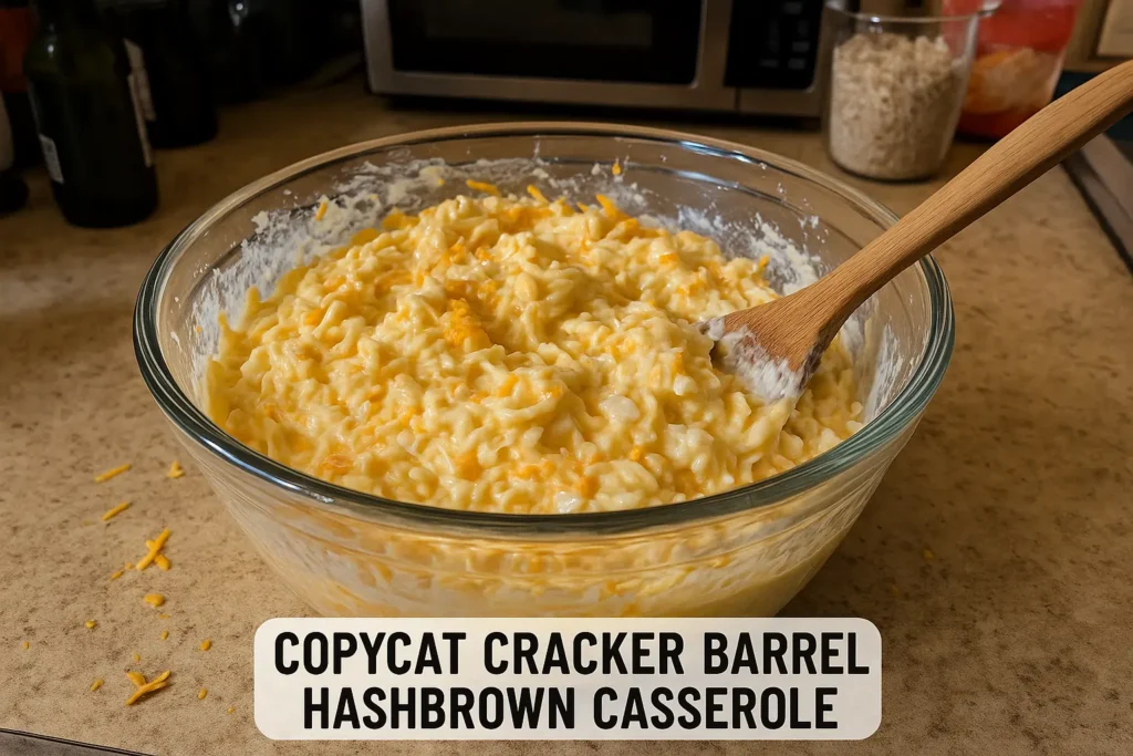Collage of amateur prep photos showing mixing, layering, and baking of hashbrown casserole
