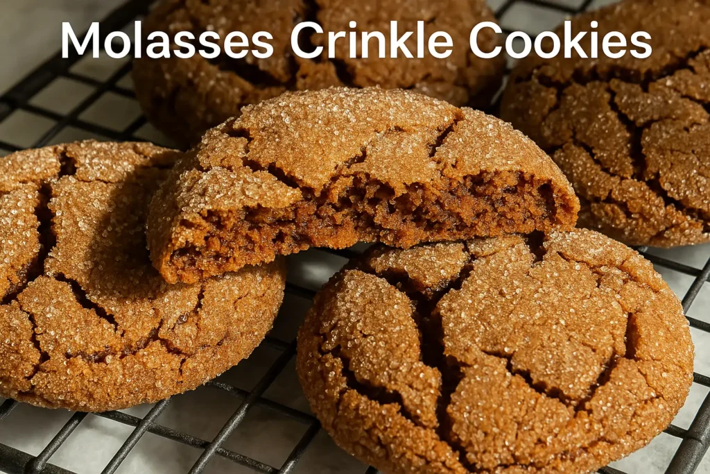 Macro shot of a chewy molasses crinkle cookie with cracked sugar top and soft center
