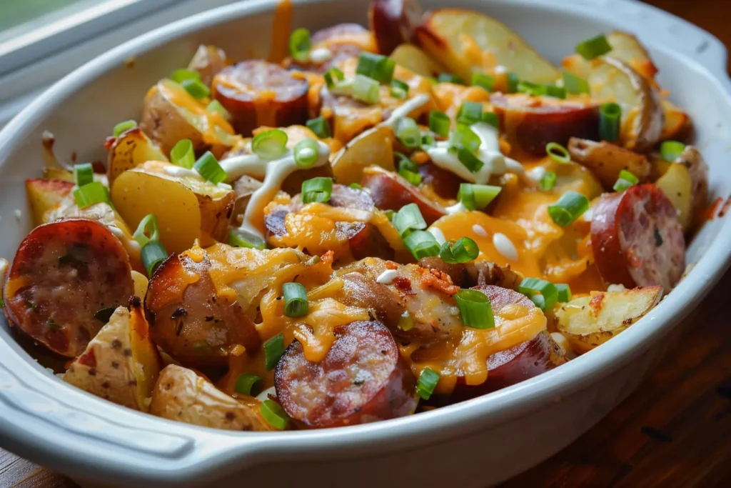Golden, crispy top on a cheesy ranch potato sausage casserole