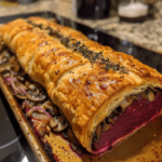 Homemade vegan beet Wellington with puff pastry, sliced and ready to serve