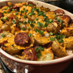 Overloaded plate of cheesy ranch potatoes and sausage with golden baked edges