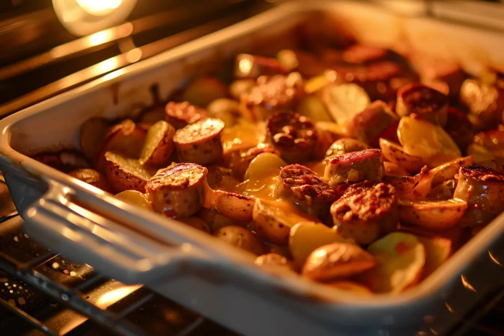 Baked cheesy ranch potatoes and sausage casserole with golden crust in white baking dish