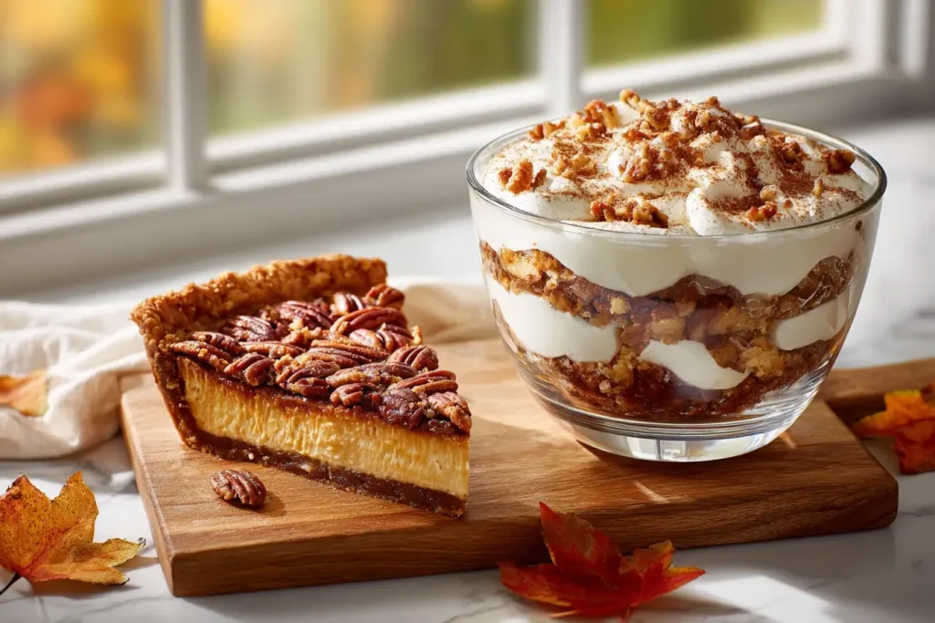 Classic pecan pie slice, cheesecake wedge, and pecan pie cheesecake trifle in a glass bowl on wooden board with fall decor