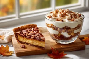 Classic pecan pie slice, cheesecake wedge, and pecan pie cheesecake trifle in a glass bowl on wooden board with fall decor