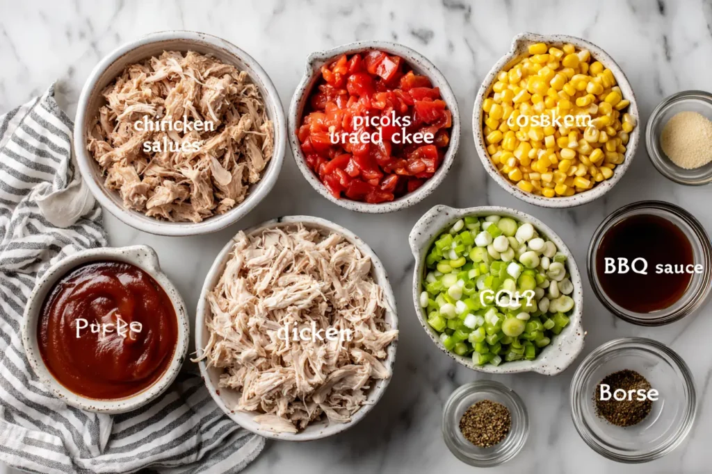 Overhead view of labeled ingredients for Brunswick stew including pork, chicken, corn, tomatoes, and BBQ sauce
