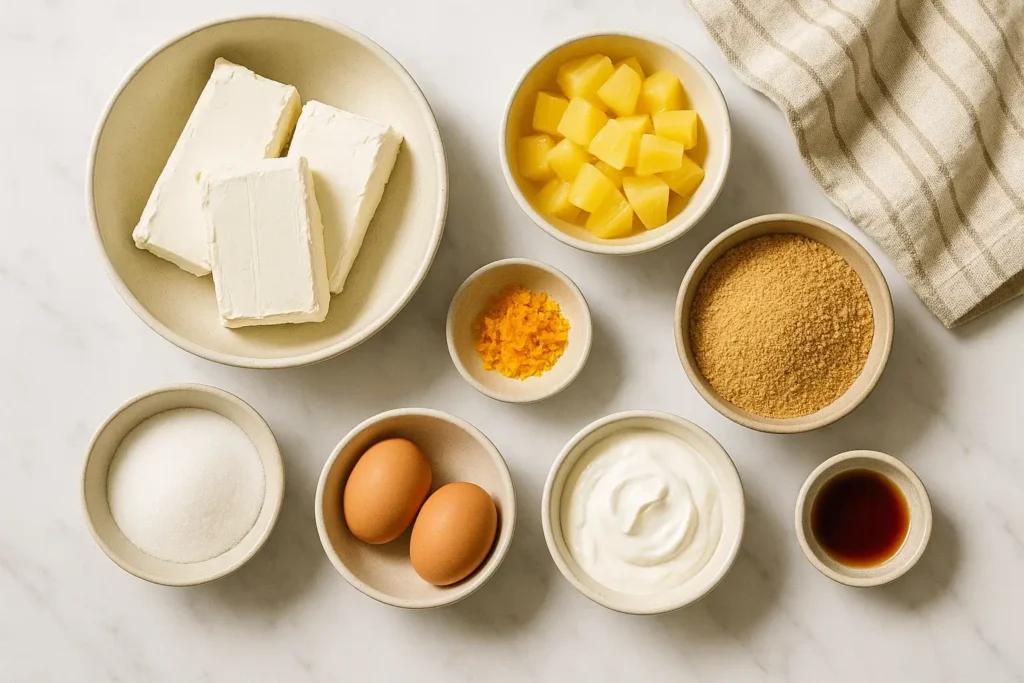 Overhead view of cheesecake ingredients: cream cheese, pineapple, orange zest, graham cracker crumbs, sugar, sour cream, eggs, and vanilla in small bowls