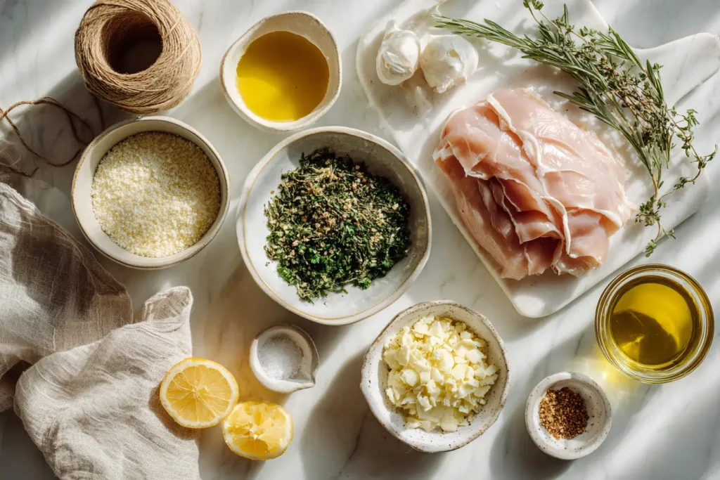 Flat lay of garlic and herb turkey roulade ingredients including butterflied turkey, herbs, garlic, butter, breadcrumbs, and lemon zest