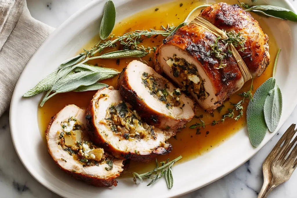 Amateur kitchen photo of garlic & herb turkey roulade ingredients with herbs, garlic, lemon, turkey, and olive oil