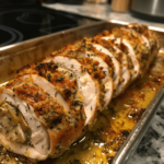 Sliced garlic and herb turkey roulade stuffed with herbs and breadcrumbs, served on a wooden cutting board