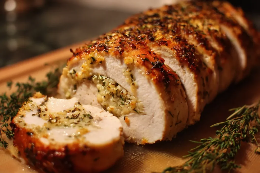 Overhead view of sliced garlic and herb turkey roulade with crispy skin and sage on a white plate