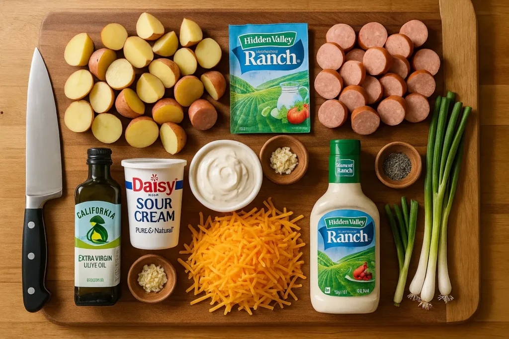 Flat-lay photo of all ingredients used in cheesy ranch potatoes and sausage recipe