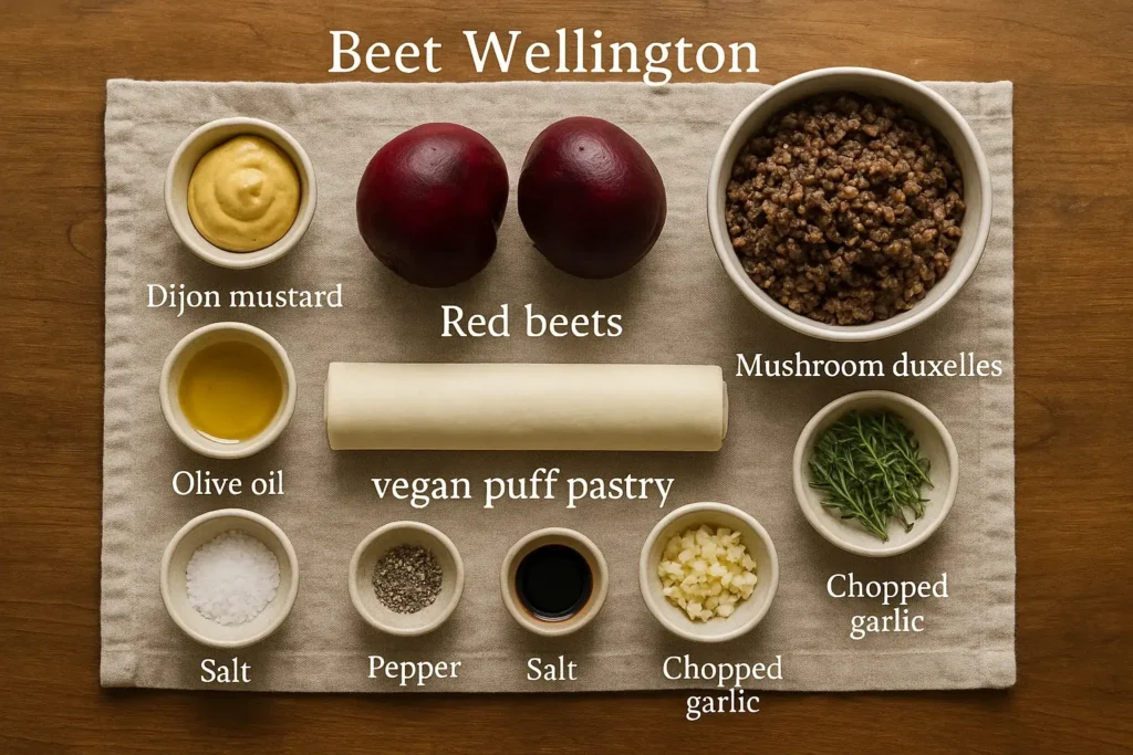 Overhead shot of vegan beet Wellington ingredients on a countertop