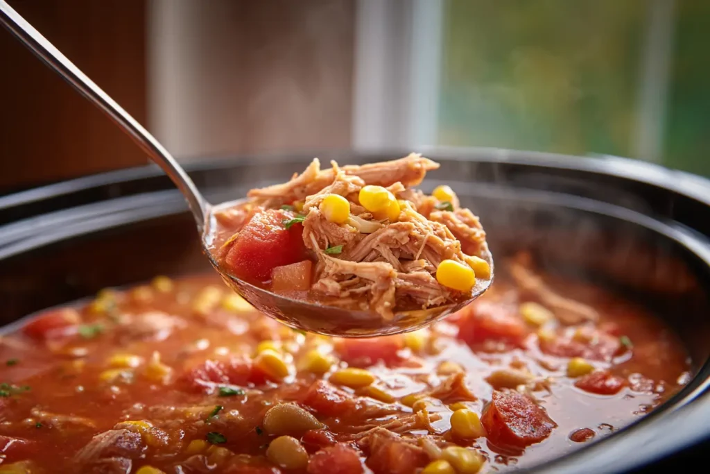 Close-up of Brunswick stew with BBQ pork and chicken being ladled from a slow cooker