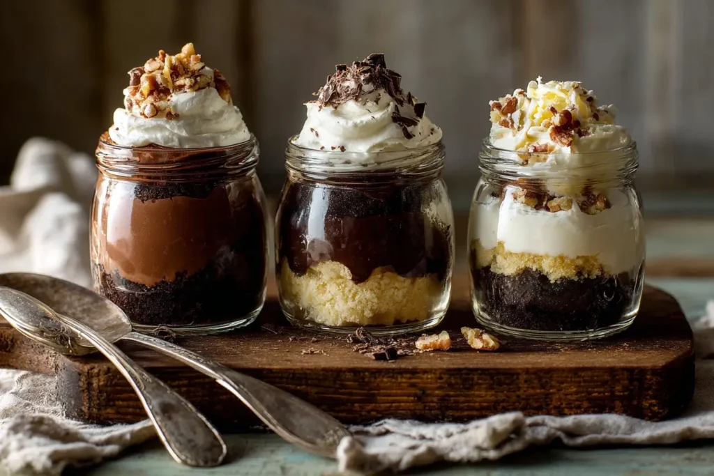 Three mini trifles in glass jars with chocolate, bourbon pecan, and coconut cream toppings on a wooden tray with vintage spoons