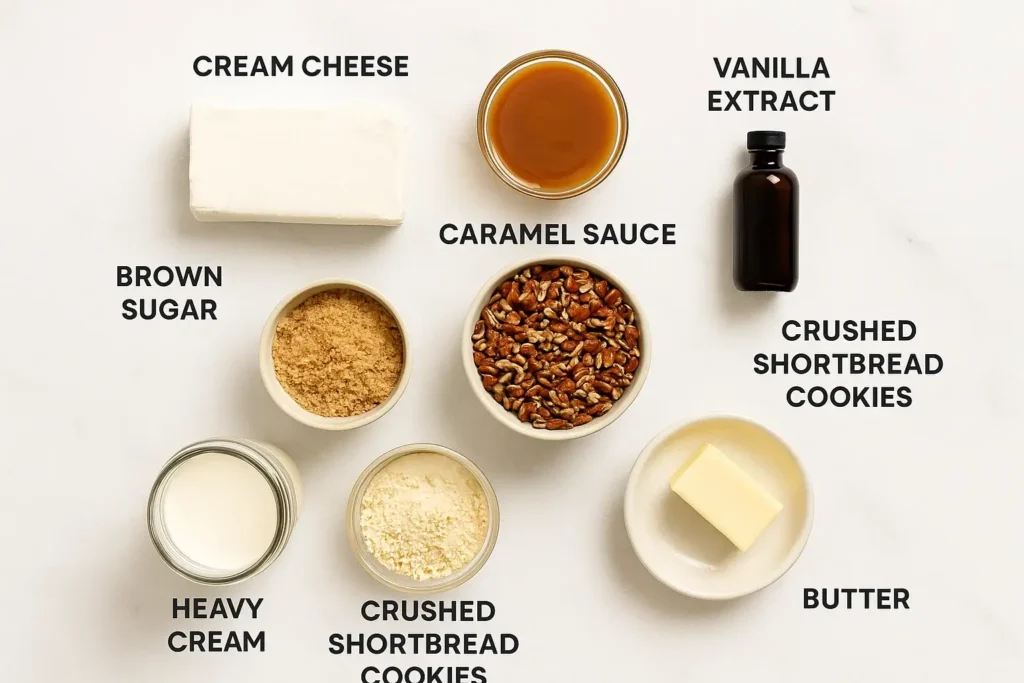 Flat lay of pecan pie cheesecake trifle ingredients including cream cheese, caramel, pecans, vanilla, brown sugar, cream, and cookies on marble