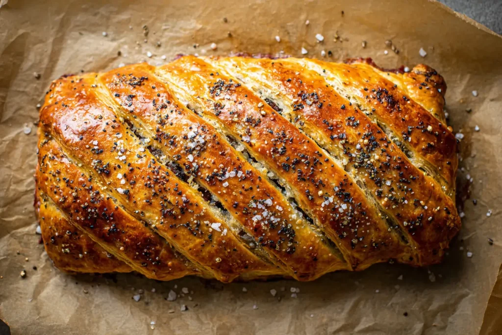 Slice of beet Wellington Recipe with purple cabbage, roasted potatoes, and vegan gravy