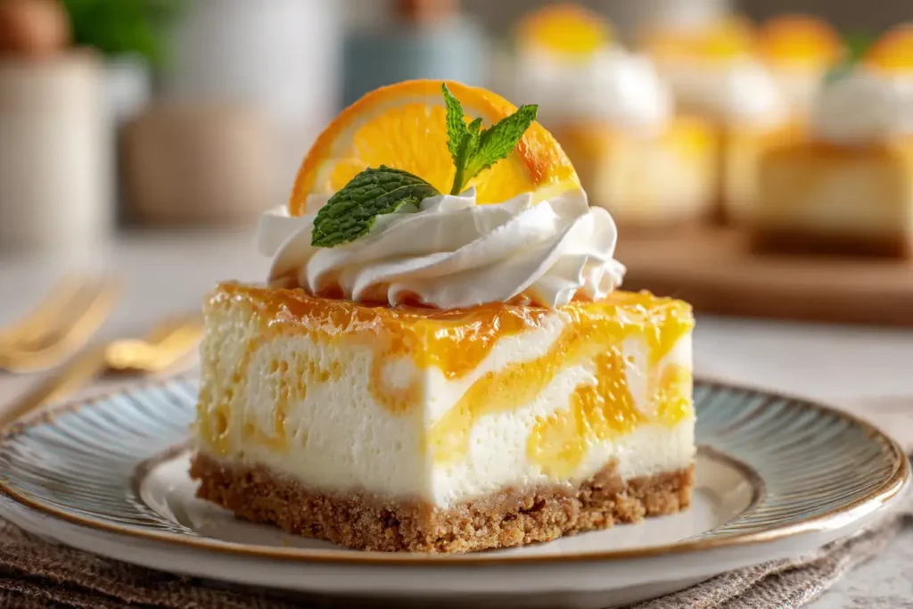 Cheesecake slice with tropical citrus swirls, thick graham crust, orange wheel, and whipped cream on elegant plate