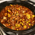 Overhead view of Slow Cooker Brunswick Stew with shredded pork and corn