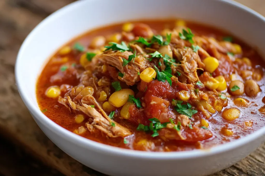 Close-up of Brunswick stew in a white slow cooker with shredded pork, corn, lima beans, and tomato broth