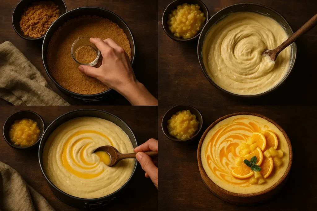 4-photo collage showing how to make Southern Orange Pineapple Cheesecake: crust pressed into pan, filling mixed, citrus swirl added, final cheesecake topped with fruit