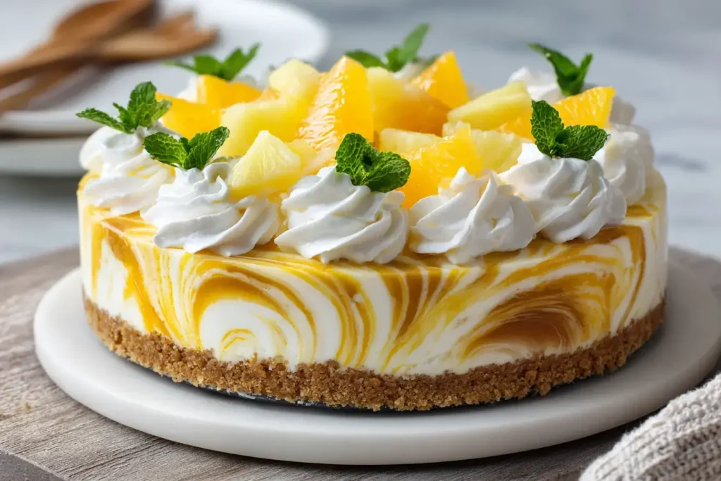 Whole tropical citrus swirl cheesecake topped with orange wedges, pineapple, whipped cream, and mint leaves