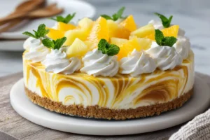 Whole tropical citrus swirl cheesecake topped with orange wedges, pineapple, whipped cream, and mint leaves