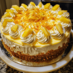 A rich slice of Southern Orange Pineapple Cheesecake with golden graham cracker crust and whipped cream on top