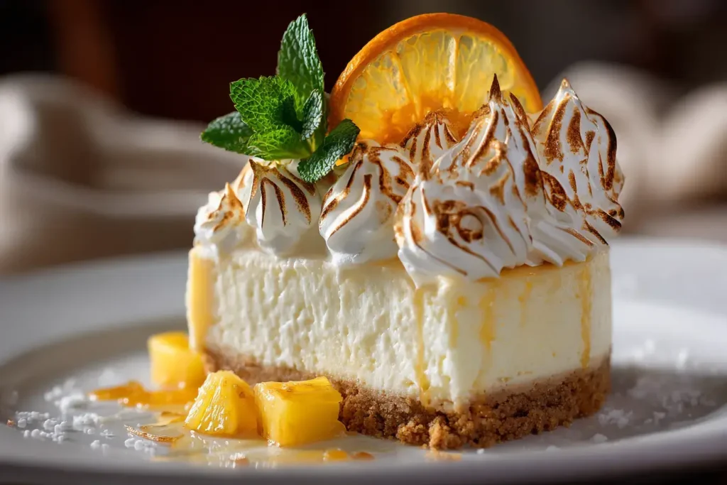 Southern Orange Pineapple Cheesecake topped with toasted meringue rosettes, orange slices, pineapple chunks, and mint on a graham cracker crust