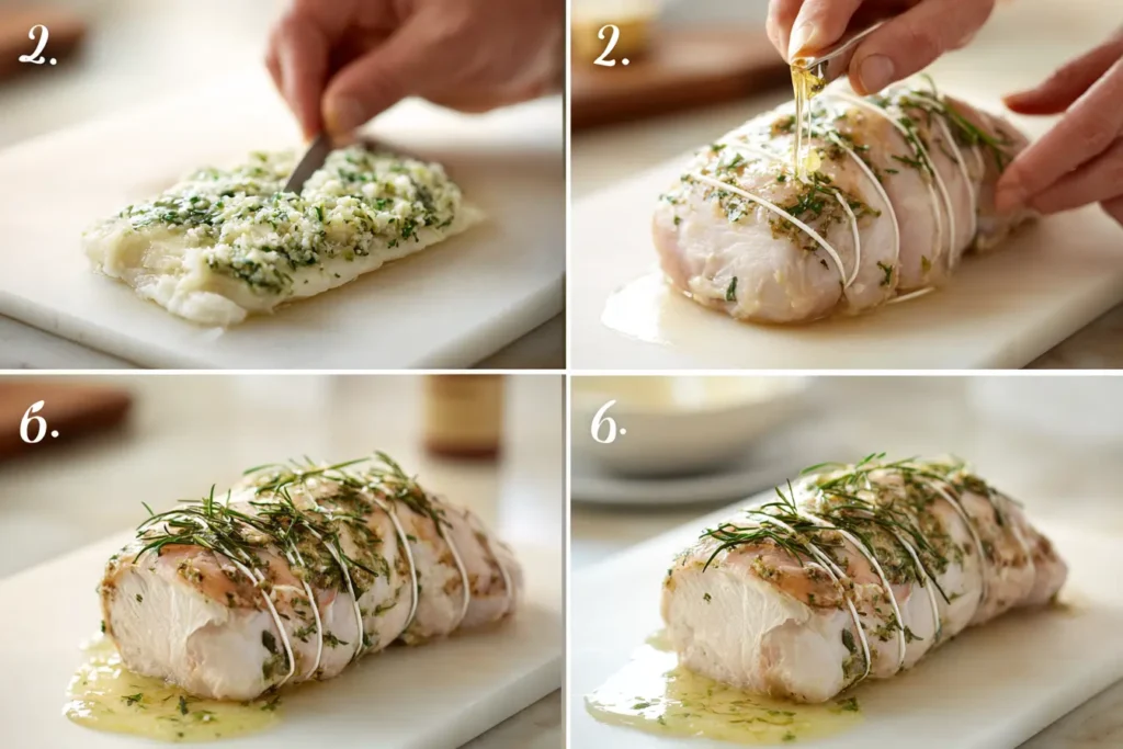 Sequence showing how to make garlic and herb turkey roulade: butterflied turkey, rolled, tied, and basted