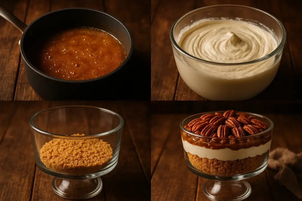Four-panel collage showing pecan pie cheesecake trifle being made: caramel in saucepan, cheesecake filling in bowl, crust layer in trifle dish, and finished dessert with pecans