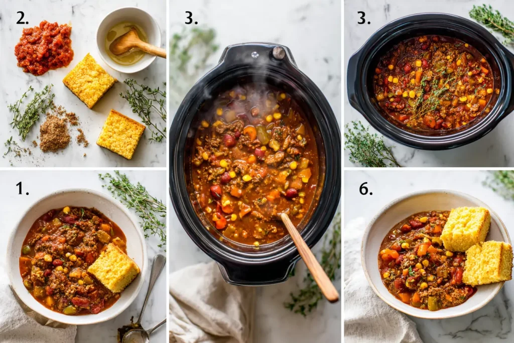 6-photo collage showing each step of making Brunswick stew in a slow cooker from prep to plating