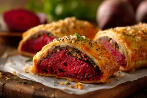 A golden puff pastry beet Wellington sliced open on a serving dish with rosemary garnish