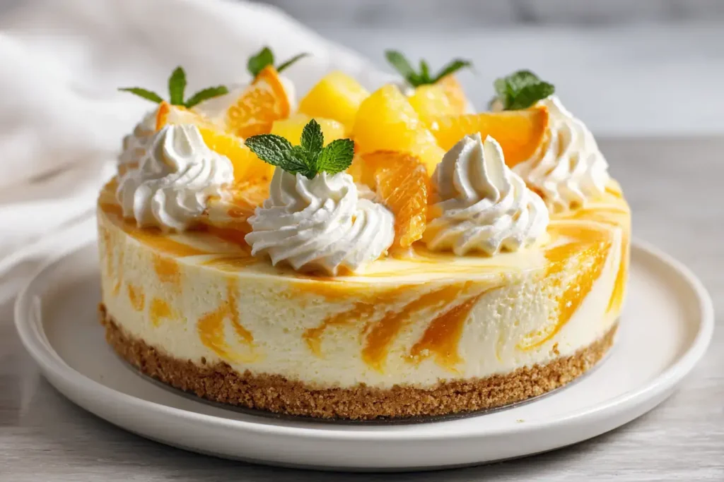 Whole cheesecake with citrus marble swirl, topped with fresh orange, pineapple, whipped cream, and mint on a white plate