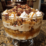 Layered pecan pie cheesecake trifle with whipped cream and caramel drizzle in a glass trifle bowl