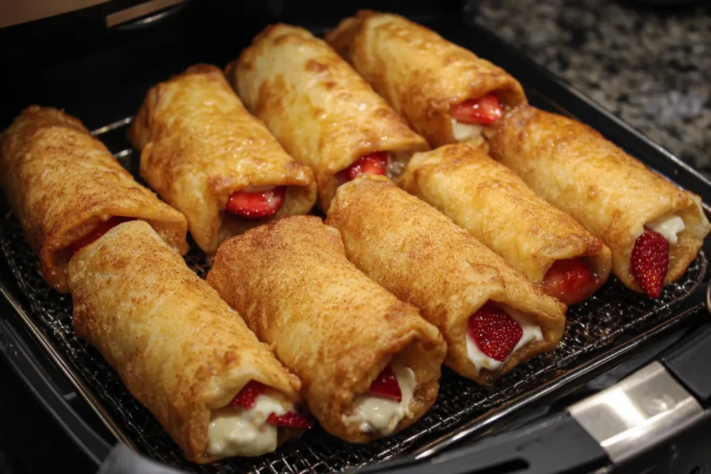 Strawberry cheesecake chimichangas arranged in an air fryer basket, lightly oiled and ready to cook