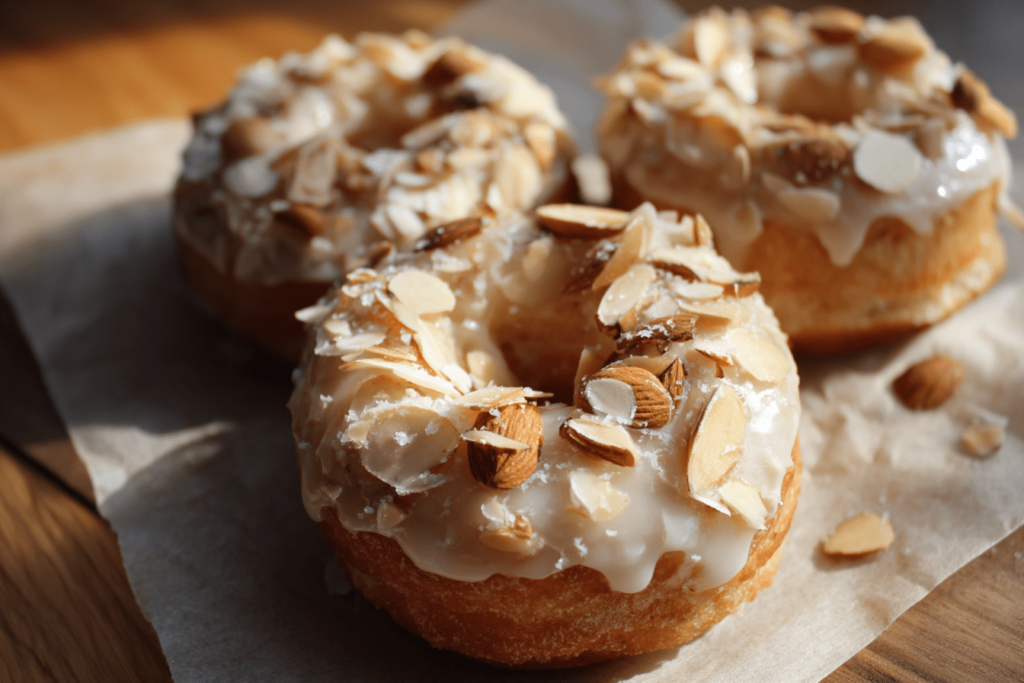 Almond mochi donuts on parchment paper with almond glaze, toasted almond topping, and one donut cut open showing fluffy interior