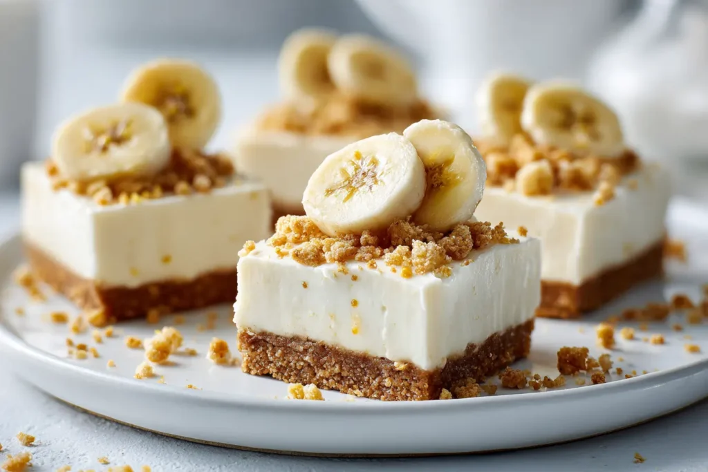 Mini banana cheesecake pudding bars topped with banana slices and golden graham cracker crumbs on a white plate with bright natural lighting.