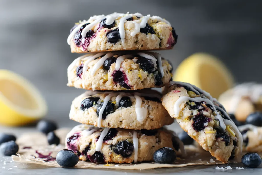 Vertical image of blueberry lemon heaven cookies stacked with blueberries and lemon glaze on parchment