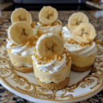 Close-up of cheesecake banana pudding bites topped with whipped cream and banana slices