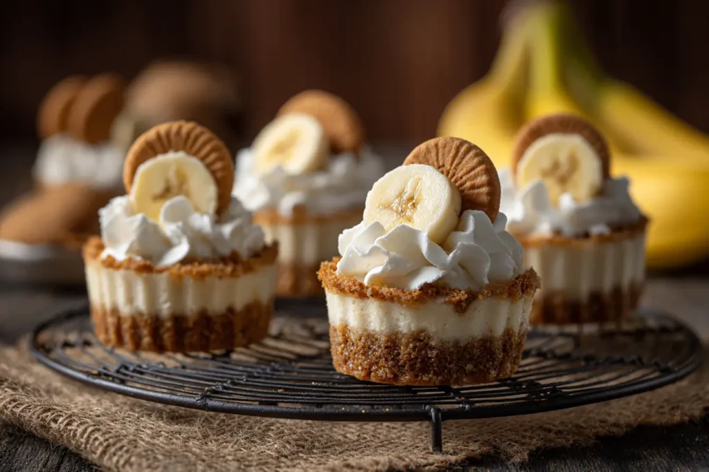 Ultra-realistic mini cheesecake banana pudding bites topped with whipped cream, banana slice, and vanilla wafer on a cooling rack in a cozy kitchen.