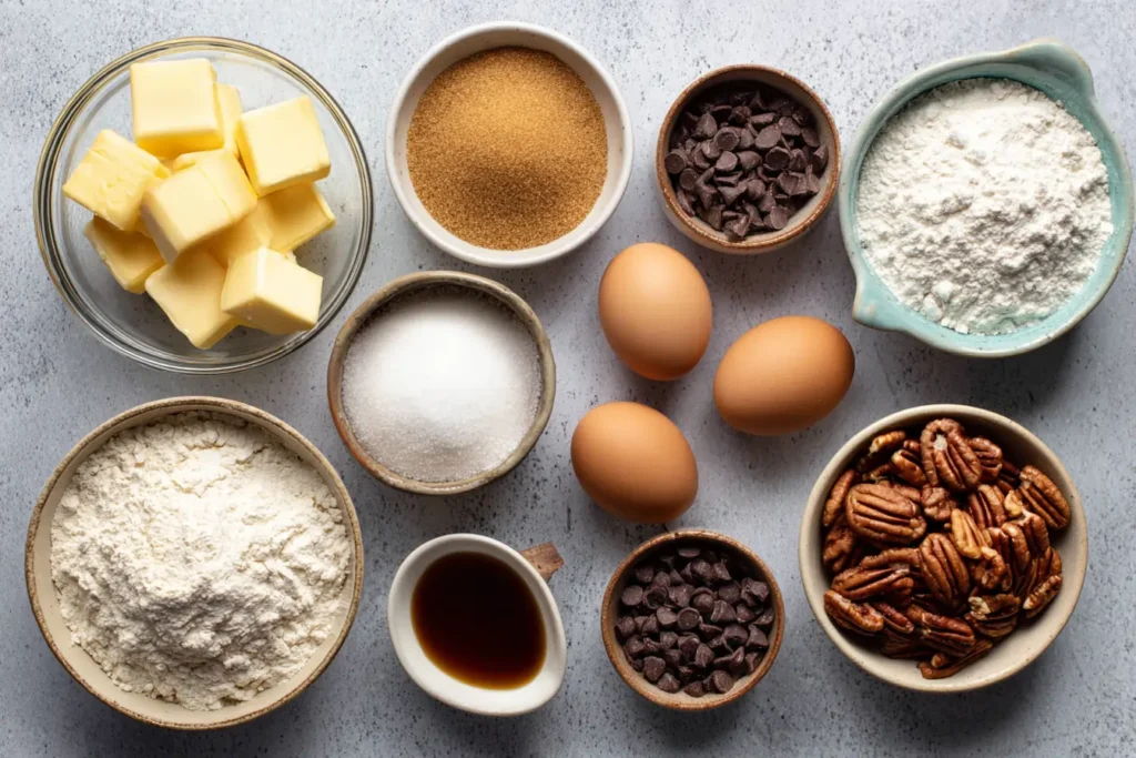 Flat lay of labeled ingredients for chocolate chip pecan cookies on a gray surface, including flour, butter, sugars, eggs, chocolate chips, and pecans.