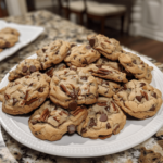Over-the-top chocolate chip pecan cookies on a rustic plate