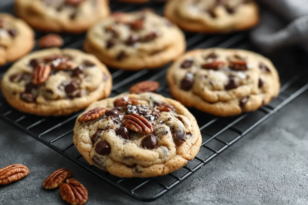 Overhead photo of freshly baked chocolate chip pecan cookies on a black wire cooling rack with gooey chocolate chips and toasted pecans.