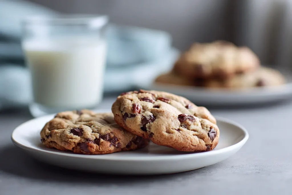 Two homemade chocolate chip pecan cookies on a white ceramic plate with a glass of milk in the background.