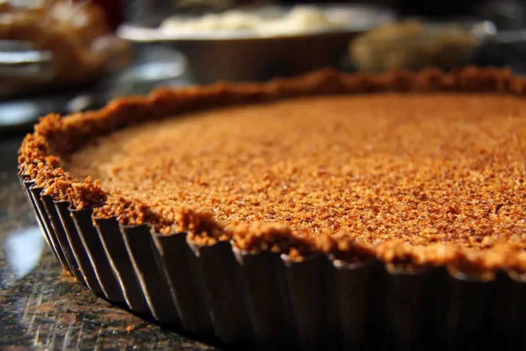 Golden brown graham cracker crust with cocoa and nuts in a tart pan