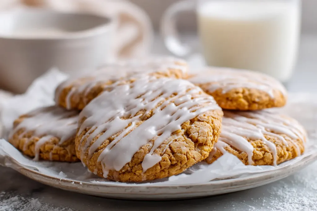 Close-up of iced oatmeal cookies on a parchment-lined plate with crackly white icing
